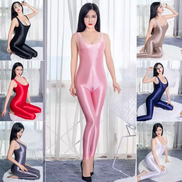 Women's Turtleneck Stretch Catsuit Smooth Shiny Spandex Bodysuit Footed  Jumpsuit