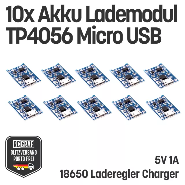 10x Micro USB Akku Lademodul 5V 1A TP4056 18650 Charger LiPo Board Laderegler