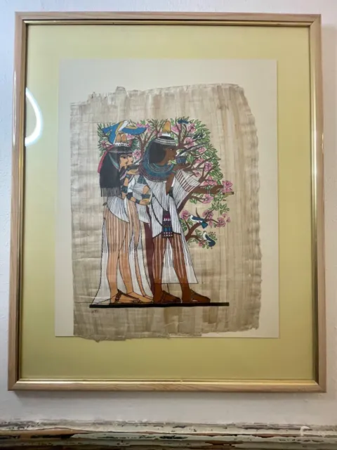 Papyrus Egyptian 3 women & Fragrance, Finely Hand-painted Framed Signed Vintage