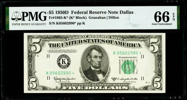 $5 1950D Federal Reserve * Note Dallas Fr#1965-K* PMG 66 EPQ Gem Uncirculated
