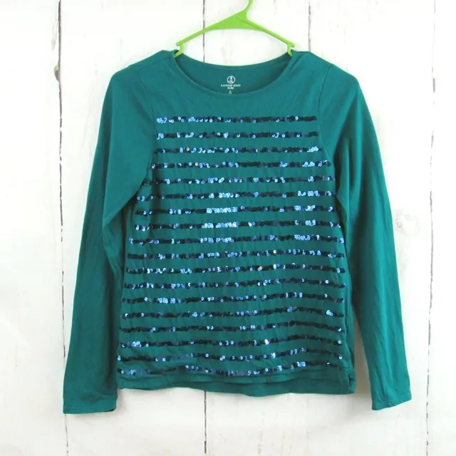 Lands' End Kids Girls Size 14/L Long Sleeve Top Cotton Green w/ Blue Sequin