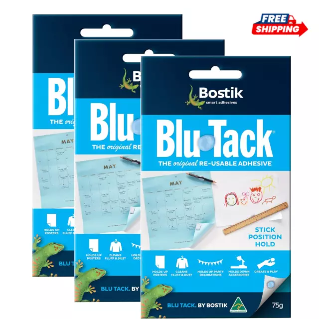 BOSTIK BLU TACK BLUTACK 75g RE-USABLE ADHESIVE PICTURE POSTER BLUTAK TAK TAC 3 x