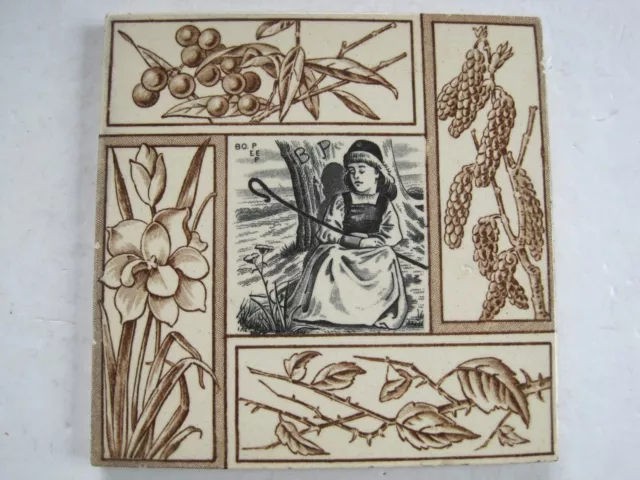 ANTIQUE VICTORIAN LITTLE BO PEEP TRANSFER PRINT TILE  - c1882