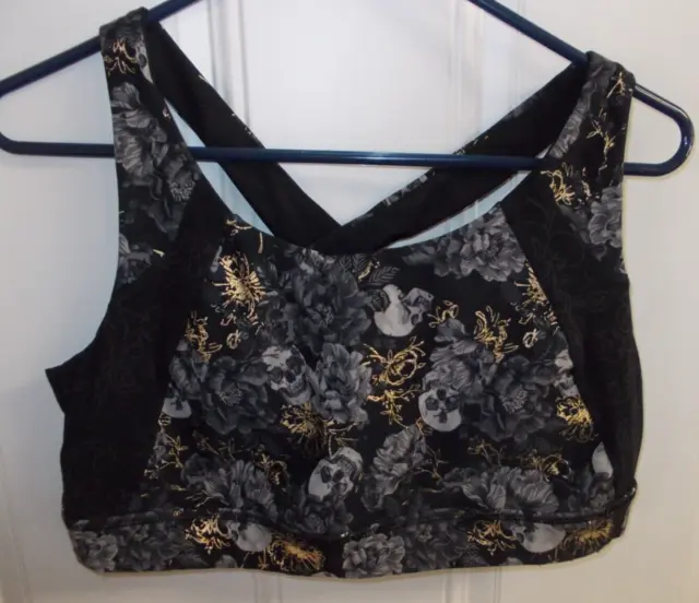 Torrid 1 Active Black Skull w/Gold Floral Print Racerback Sports Bra