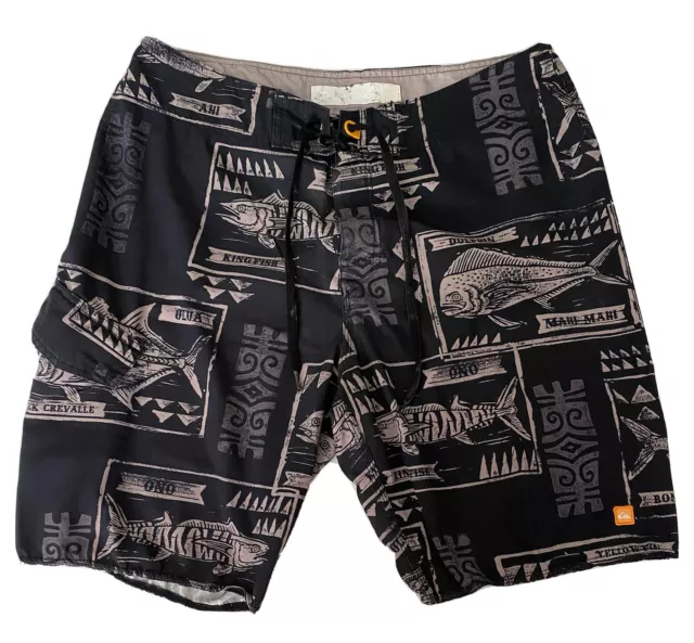 Quiksilver Men’s Board short Hawaiian Fishes Swim Trunks Woodblock Tiki Sz 32