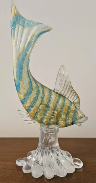 Vntg 1950's Murano Hand Crafted Glass Fish, Gold Threads ,12", Asure, Clear Gold