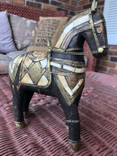 Antique Hand Carved Wooden Armored Horse Hammered Copper Brass Inlay Folk