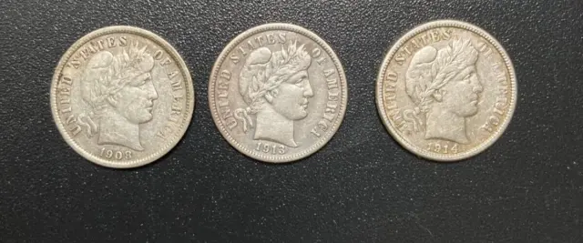 Lot of 3 Barber Liberty Dimes Old US Silver 1908 1913 1914