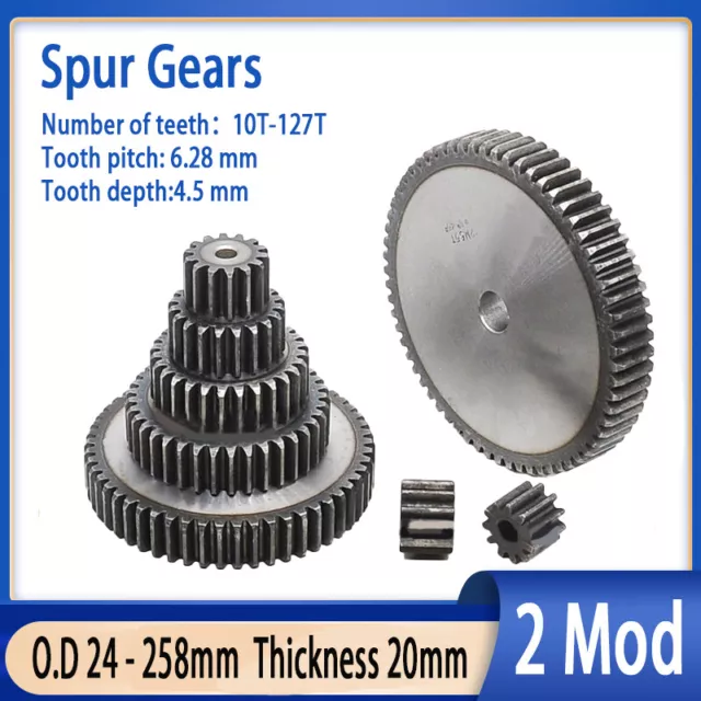 2 Mod 10T-127T Spur Gear 45# Steel Pinion Gear Thickness 20mm Transmission Gear