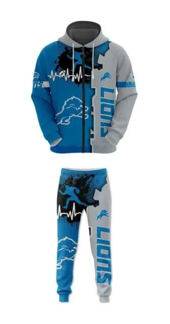 Detroit Lions Mens 2Pcs Tracksuit Jumpers Hoodie Casual Loose Sweatpants Gifts