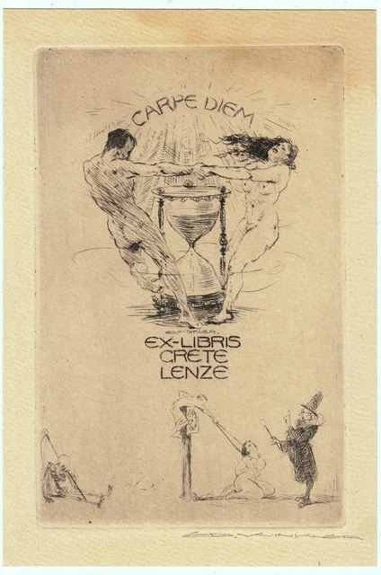 Exlibris Bookplate Radierung Eduard Winkler 1884-1978 Aktpaar Stundenglas Akt