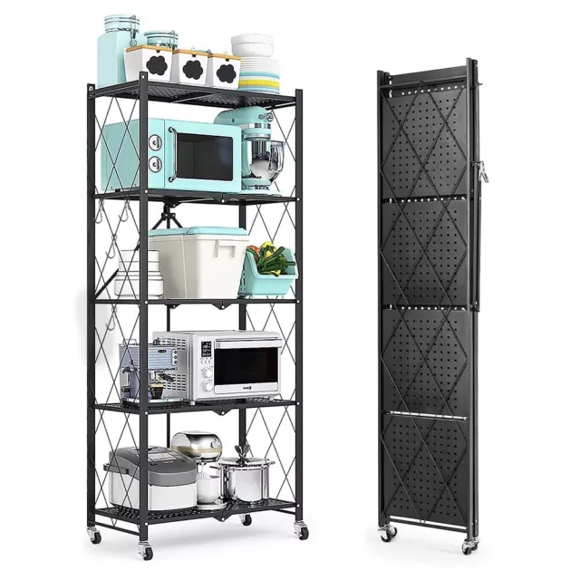 Kitchen 5-Tier Shelving Unit Foldable 4 Hooks Metal On Wheels Storage Rack