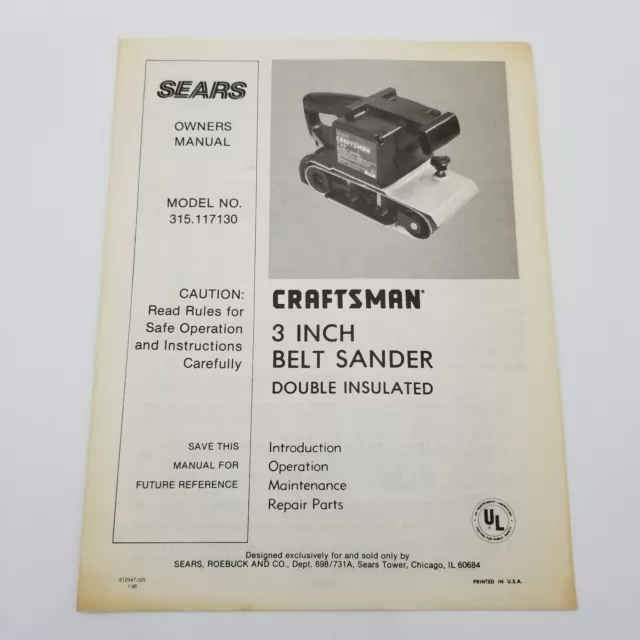 SEARS Craftsman 3 Inch Belt Sander Model 315.117130 Owners Manual 1986 Vintage