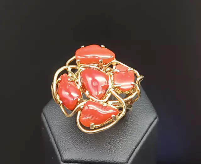 Bague pour Femme Vrai Corail Rouge De Sardaigne Argent 925 Plaqué Or Réglable