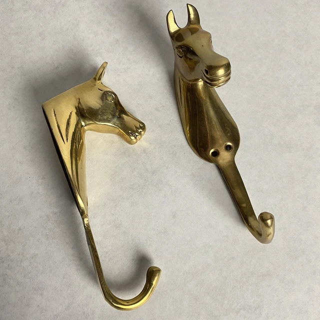 Pair Of Vintage Brass Horse Head Equestrian Wall Coat Hooks 6”
