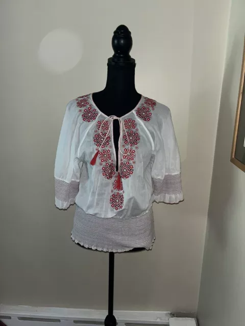 SUSANA MONACO Puckered Smocked Embroidered cotton short sleeve blouse TOP 6