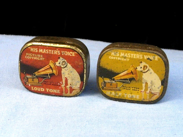 VINTAGE HIS MASTERS VOICE GRAMAPHONE RECORD VINYL LP ALBUM NEEDLES ENAMEL TIN x2