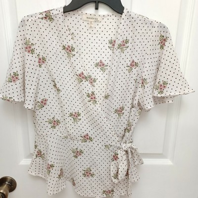 Women Monteau Los Angeles White Polka-Dot/Floral Tie Front Short-Sleeve Blouse L