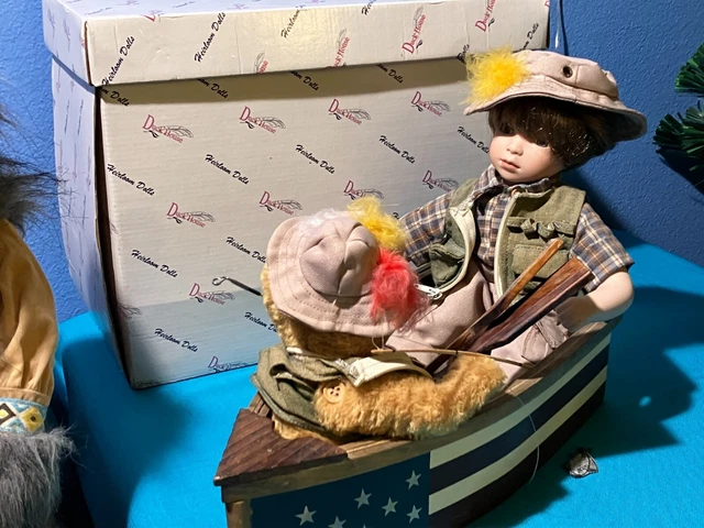 Duck House Heirloom Doll JASON with teddy bear in boat fishing with box