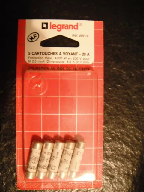 legrand pochette de 5 cartouches fusibles à témoin 20 Ampères 8.5 x 31.5