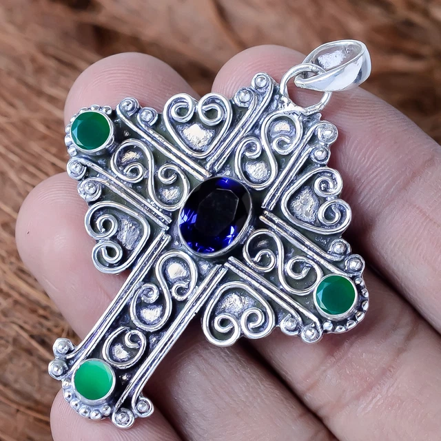 Pendentif Croix Pour Homme En Argent Sterling 925 - Grenat & Diopside - Charme Fait Main - Longueur 18 Pouces