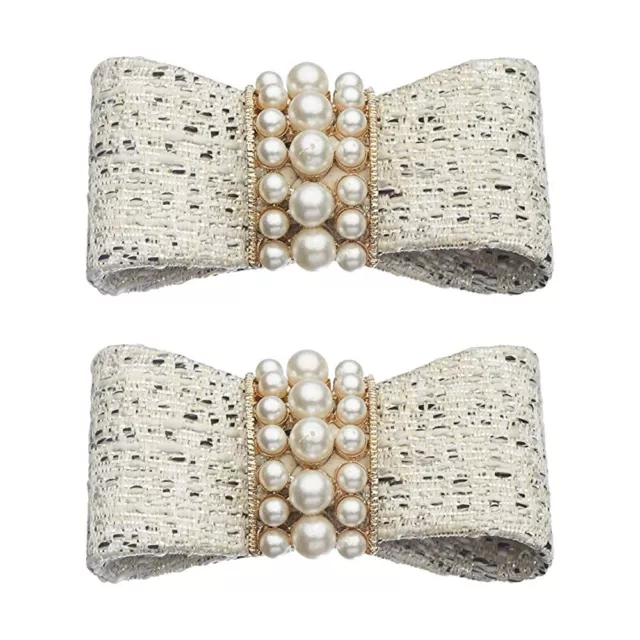 Shoelery Shoe Clip Pair White Tweed Pearl Bow Women Shoe Fashion Accessories