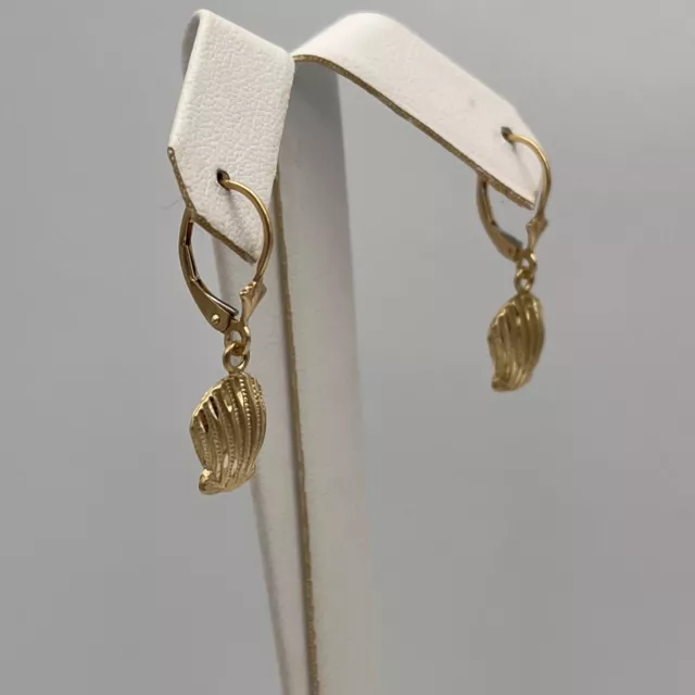 14K YELLOW GOLD Scallop Shell Drop Dangle Leverback Earrings 1.1 Inch ...
