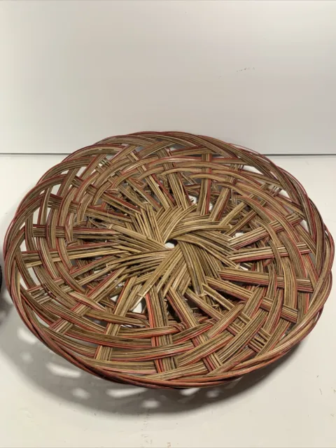 Vintage Hand Woven Wicker Round Tray~Brown Red Accents~Wall Art~12”~Boho