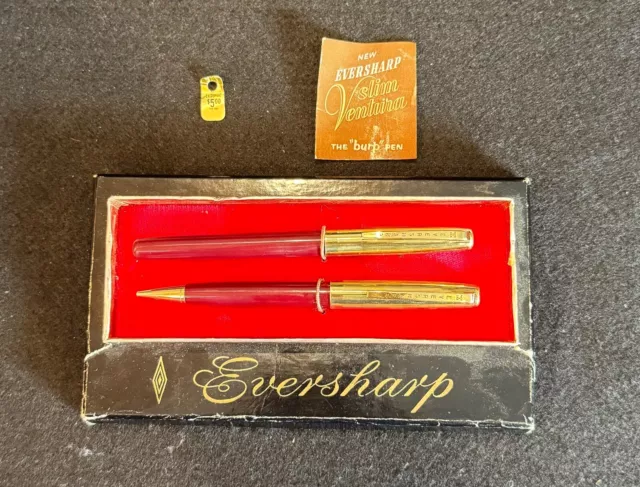 Vintage Eversharp Burgundy & Gold Fountain Pen & Mechanical Pencil Set with box