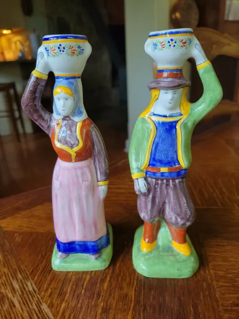 Vintage Figurine HB Henriot Quimper France Breton & Bretonne Pair Candlesticks