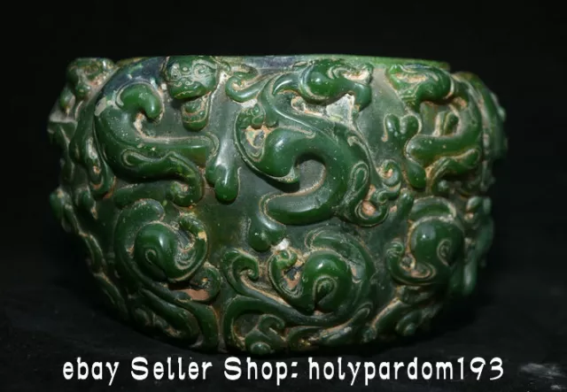 7" Ancient Chinese Collect Green Jade Carving Dynasty Dragon Beast Jar Pot Crock