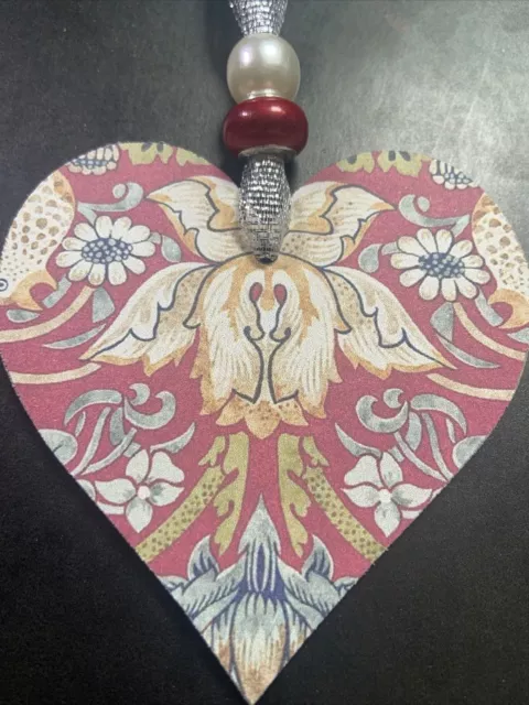 William Morris inspired Red Strawberry Thief hanging wood heart decoration A