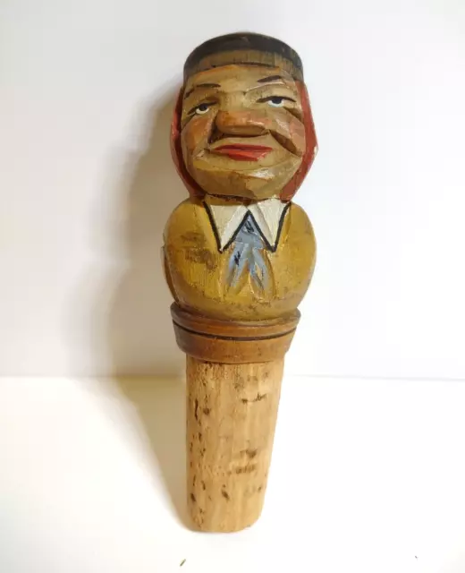 ANRI Bottle Stopper Italy Cork Vintage Wood Barware Man With Toothache Carved