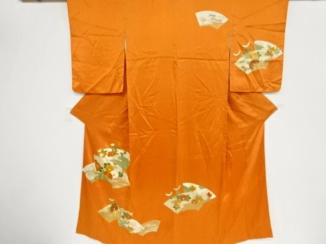 37441# Japanese Kimono / Antique Kimono / Embroidery / Folding Fan With Flower