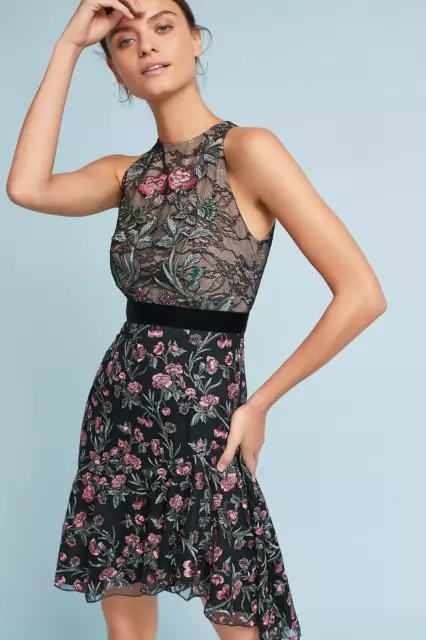 ML Monique Lhuillier 6 Mixed Lace Embroidered Floral Sleeveless Cocktail Dress