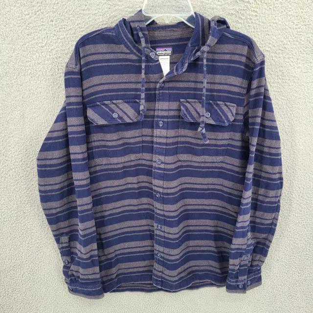 Patagonia Shirt Mens Medium Blue Stripe Hooded Flannel Fjord Button Up