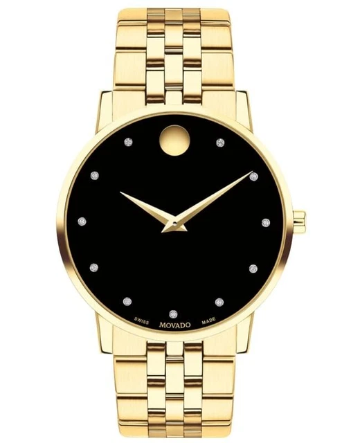 New Movado Museum Classic Black Diamond Dial Gold tone Steel Men's Watch 0607625