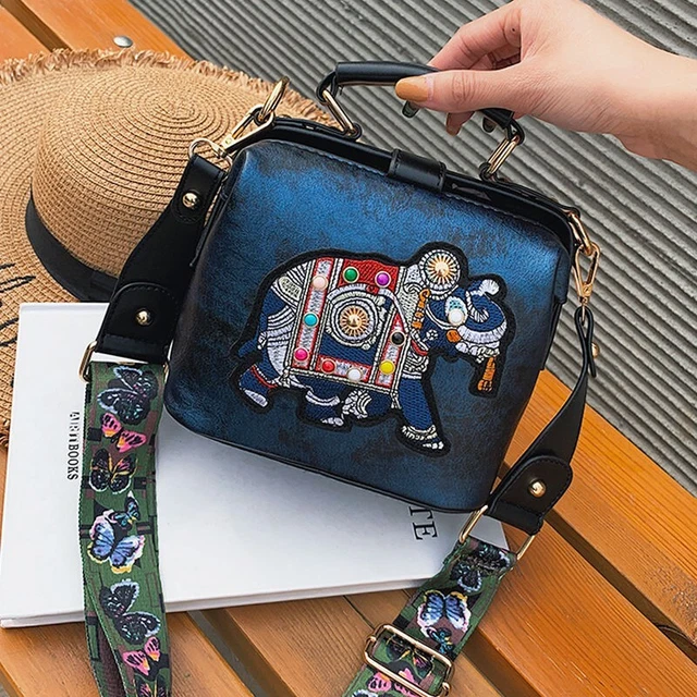 Sac à main en cuir brodé éléphant pour femmes Petit sac à bandoulière sacoches