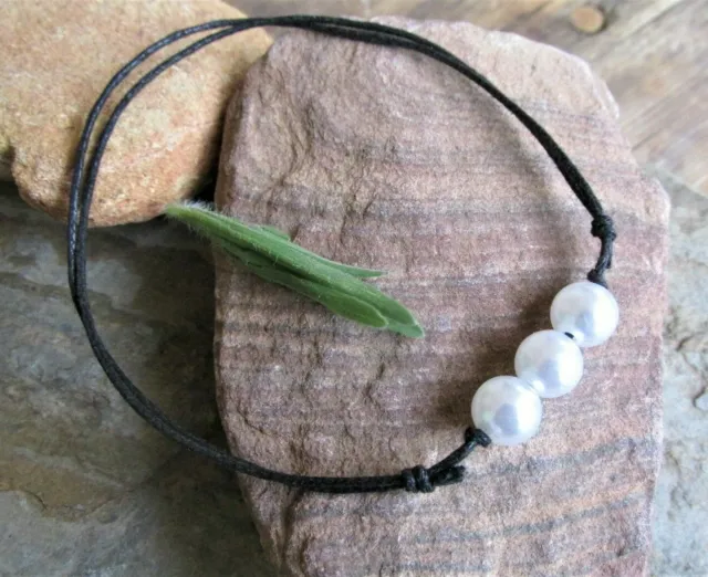 Triple pearl bead adjustable cord anklet ankle bracelet three pearl boho style.