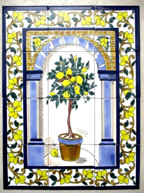 Hand Painted Ceramic tile art Mosaic wall mural Lemon Tree BACKSPLASH  18" x 24"