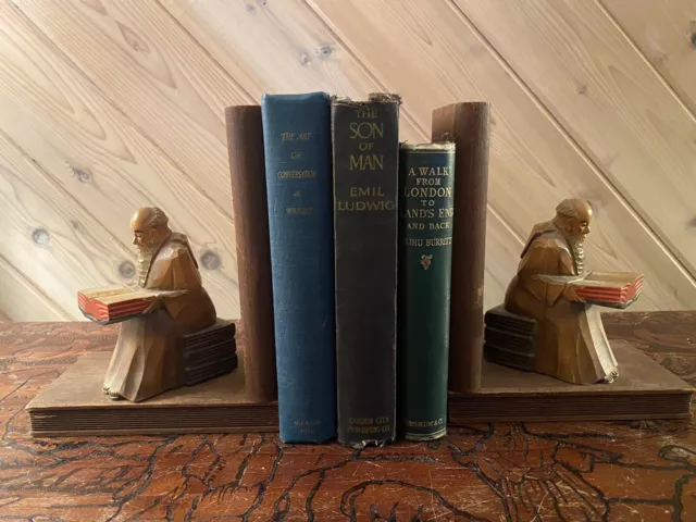 Vintage Hand Carved Old Wise Monks Reading Book Ends Solid Wood Midcentury