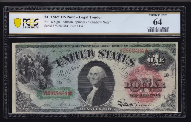 US 1869 $1 Washington Rainbow Legal Tender FR 18 PCGS 64 V Ch CU (484)