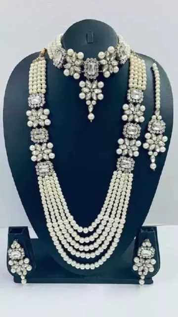 Vergoldet Indisch Lang Perle Braut Halskette Ohrringe Tikka Hochzeit Schmuck Set