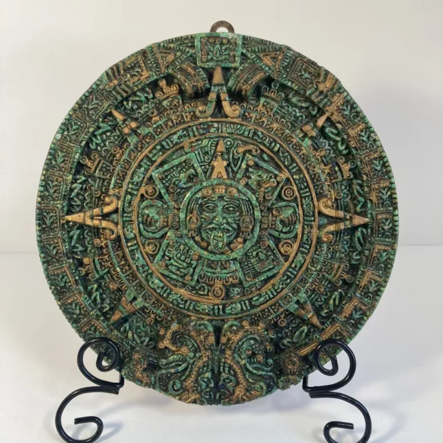 AZTEC CALENDAR INCA Sun God Art Faux Stone Gold Green Wall Plaque