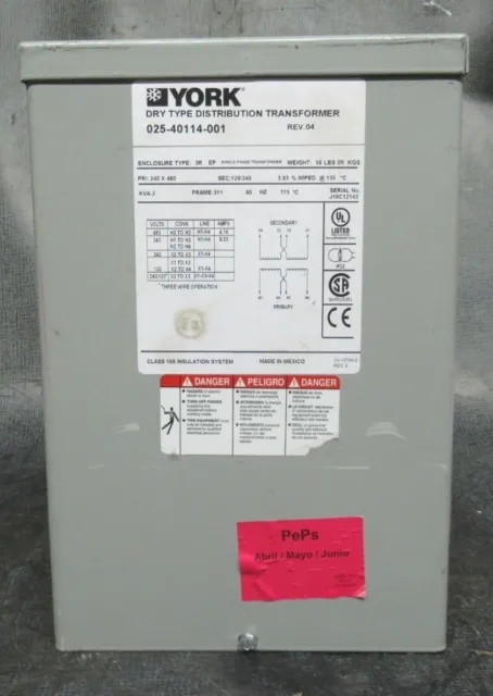 York Transformer 025-40114-001 Kva: 2 240X480 Vac 240/120 V *Warranty Included*