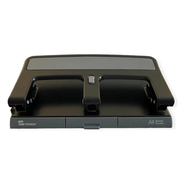 STAPLES ONE TOUCH 3Hole Punch Heavy Duty 30Sheet Capacity Black 26614