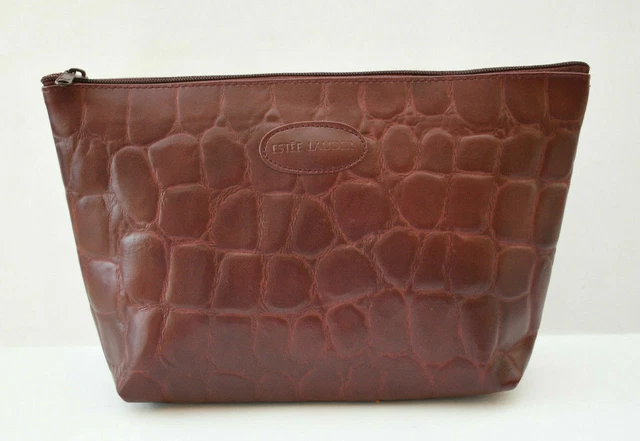 ESTEE LAUDER Brown Croc Cosmetic Bag Makeup Case Travel Pouch Faux Leather