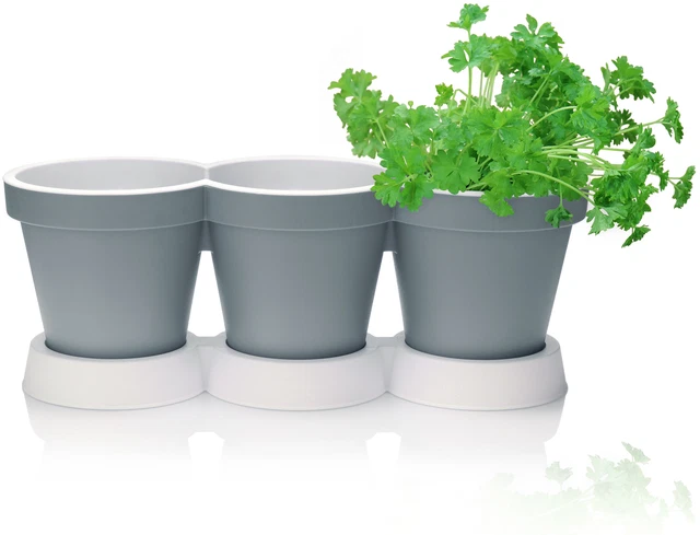 3er Kräutertopf mit Untersetzer - Pflanzentopf für Blumen und Kräuter - grau