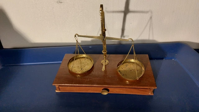 Antique 1900s Austria Hungary Apothecary Brass & Wood Scales Medicine w Lever +
