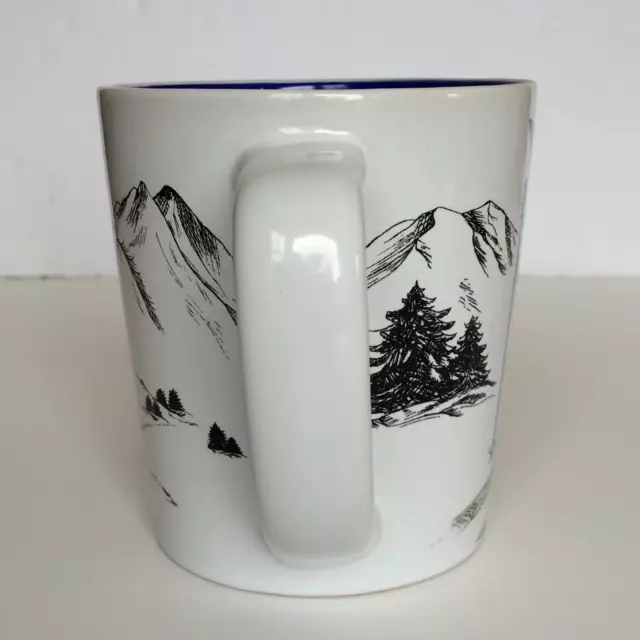 Tim Hortons 2018 Coffee Mug White Mountain Scenery Blue Skis Ceramic Collectible 2